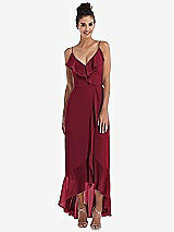Front View Thumbnail - Burgundy Ruffle-Trimmed V-Neck High Low Wrap Dress