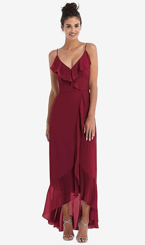 Front View - Burgundy Ruffle-Trimmed V-Neck High Low Wrap Dress