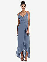 Front View Thumbnail - Larkspur Blue Ruffle-Trimmed V-Neck High Low Wrap Dress