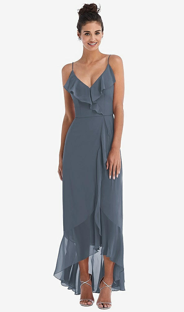 Front View - Silverstone Ruffle-Trimmed V-Neck High Low Wrap Dress