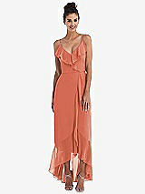 Front View Thumbnail - Terracotta Copper Ruffle-Trimmed V-Neck High Low Wrap Dress