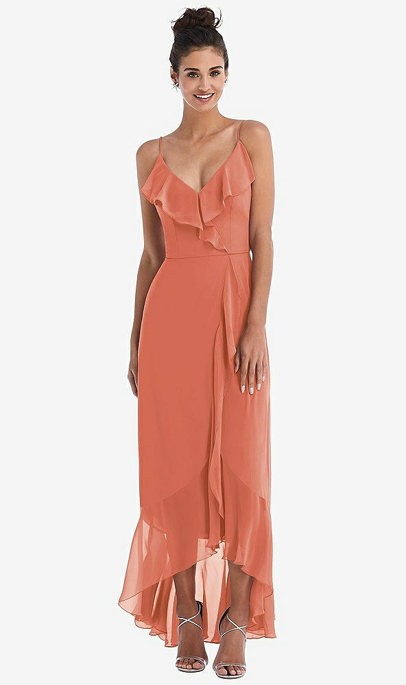 Front View - Terracotta Copper Ruffle-Trimmed V-Neck High Low Wrap Dress