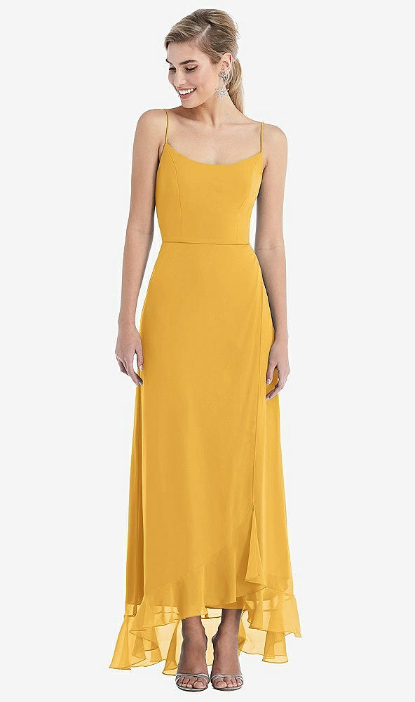 Front View - NYC Yellow Scoop Neck Ruffle-Trimmed High Low Maxi Dress