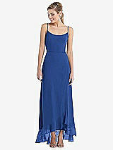 Front View Thumbnail - Classic Blue Scoop Neck Ruffle-Trimmed High Low Maxi Dress