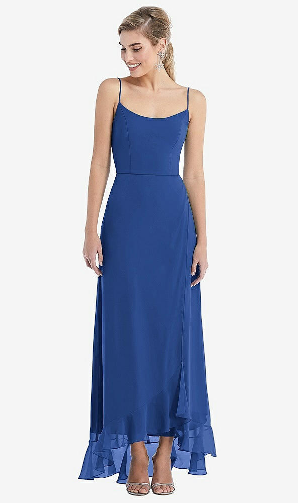 Front View - Classic Blue Scoop Neck Ruffle-Trimmed High Low Maxi Dress