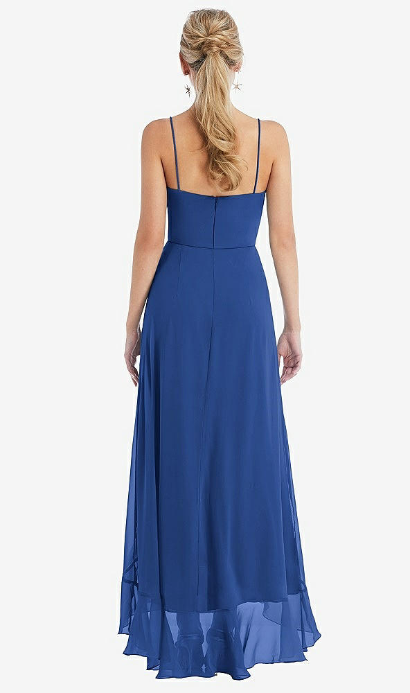 Back View - Classic Blue Scoop Neck Ruffle-Trimmed High Low Maxi Dress