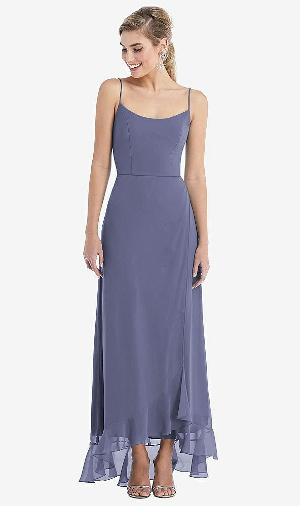 Front View - French Blue Scoop Neck Ruffle-Trimmed High Low Maxi Dress
