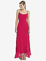 Front View Thumbnail - Vivid Pink Scoop Neck Ruffle-Trimmed High Low Maxi Dress