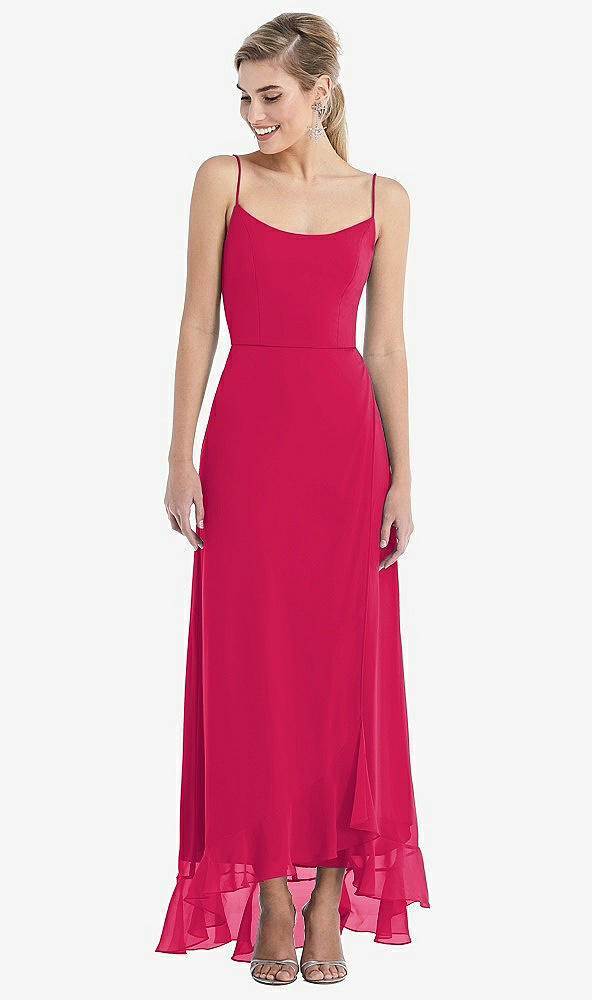 Front View - Vivid Pink Scoop Neck Ruffle-Trimmed High Low Maxi Dress
