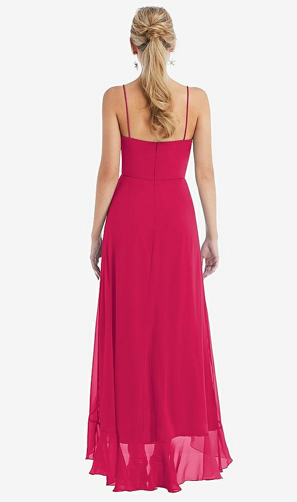 Back View - Vivid Pink Scoop Neck Ruffle-Trimmed High Low Maxi Dress