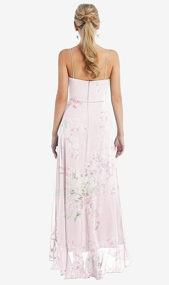 Back View - Watercolor Print Scoop Neck Ruffle-Trimmed High Low Maxi Dress