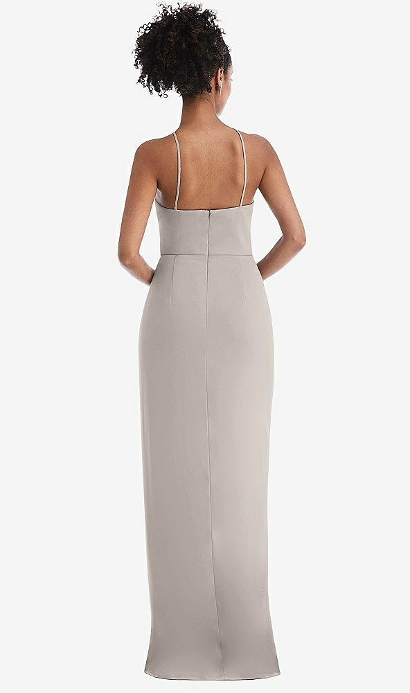 Back View - Taupe Halter Draped Tulip Skirt Maxi Dress