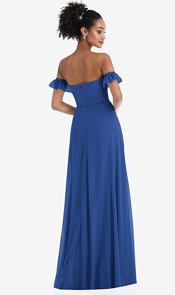 Back View - Classic Blue Off-the-Shoulder Ruffle Cuff Sleeve Chiffon Maxi Dress