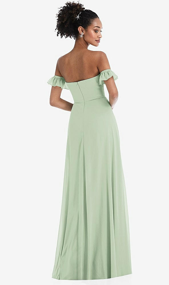 Back View - Celadon Off-the-Shoulder Ruffle Cuff Sleeve Chiffon Maxi Dress