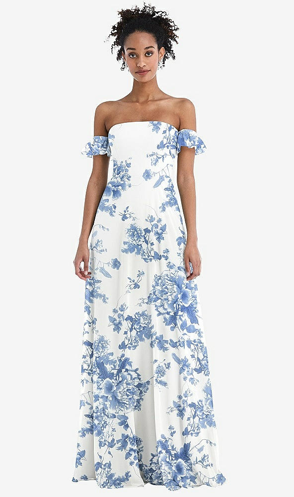 Front View - Cottage Rose Dusk Blue Off-the-Shoulder Ruffle Cuff Sleeve Chiffon Maxi Dress