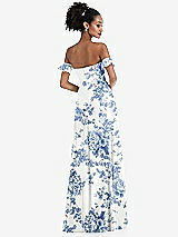 Rear View Thumbnail - Cottage Rose Dusk Blue Off-the-Shoulder Ruffle Cuff Sleeve Chiffon Maxi Dress