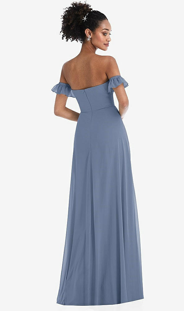 Back View - Larkspur Blue Off-the-Shoulder Ruffle Cuff Sleeve Chiffon Maxi Dress