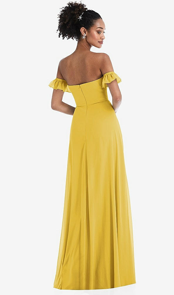 Back View - Marigold Off-the-Shoulder Ruffle Cuff Sleeve Chiffon Maxi Dress