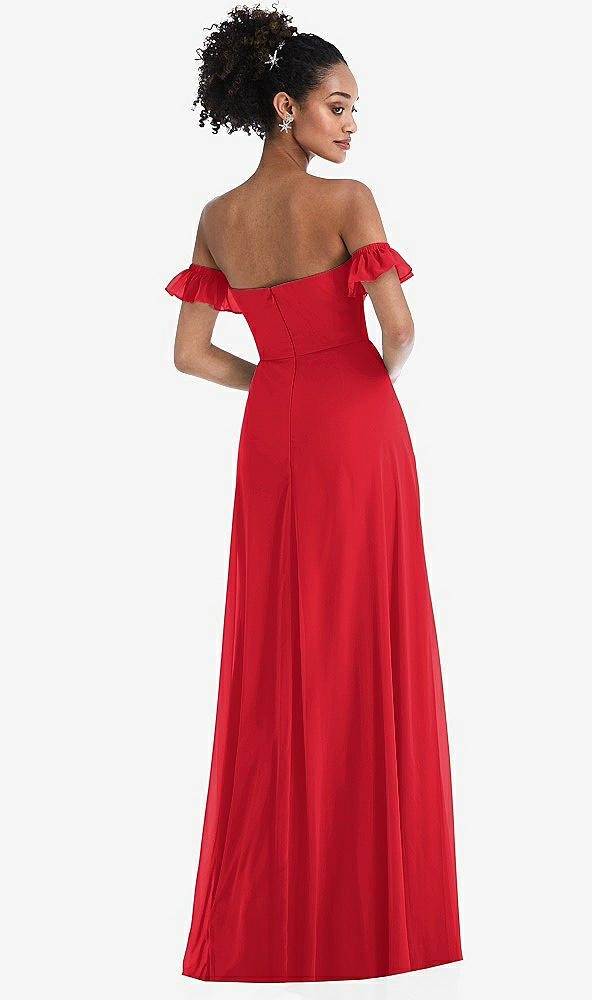 Back View - Parisian Red Off-the-Shoulder Ruffle Cuff Sleeve Chiffon Maxi Dress