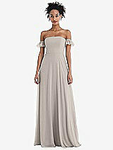 Front View Thumbnail - Taupe Off-the-Shoulder Ruffle Cuff Sleeve Chiffon Maxi Dress