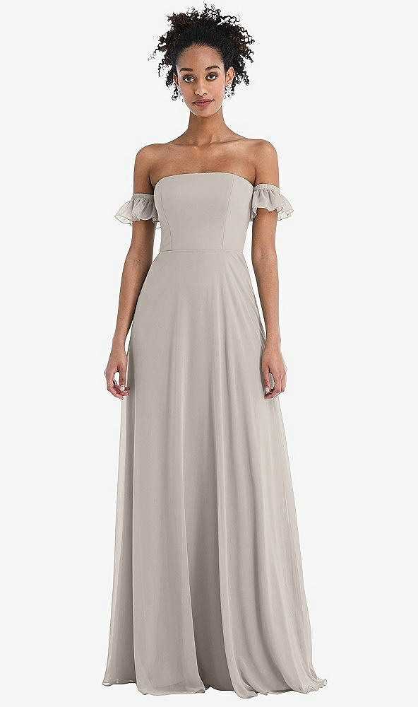 Front View - Taupe Off-the-Shoulder Ruffle Cuff Sleeve Chiffon Maxi Dress