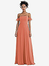 Front View Thumbnail - Terracotta Copper Off-the-Shoulder Ruffle Cuff Sleeve Chiffon Maxi Dress