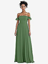 Front View Thumbnail - Vineyard Green Off-the-Shoulder Ruffle Cuff Sleeve Chiffon Maxi Dress
