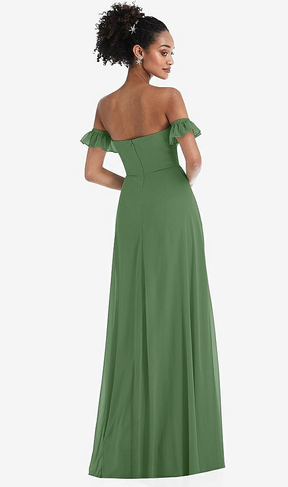 Back View - Vineyard Green Off-the-Shoulder Ruffle Cuff Sleeve Chiffon Maxi Dress
