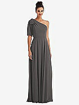 Front View Thumbnail - Caviar Gray Bow One-Shoulder Flounce Sleeve Maxi Dress