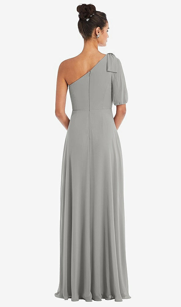 Back View - Chelsea Gray Bow One-Shoulder Flounce Sleeve Maxi Dress
