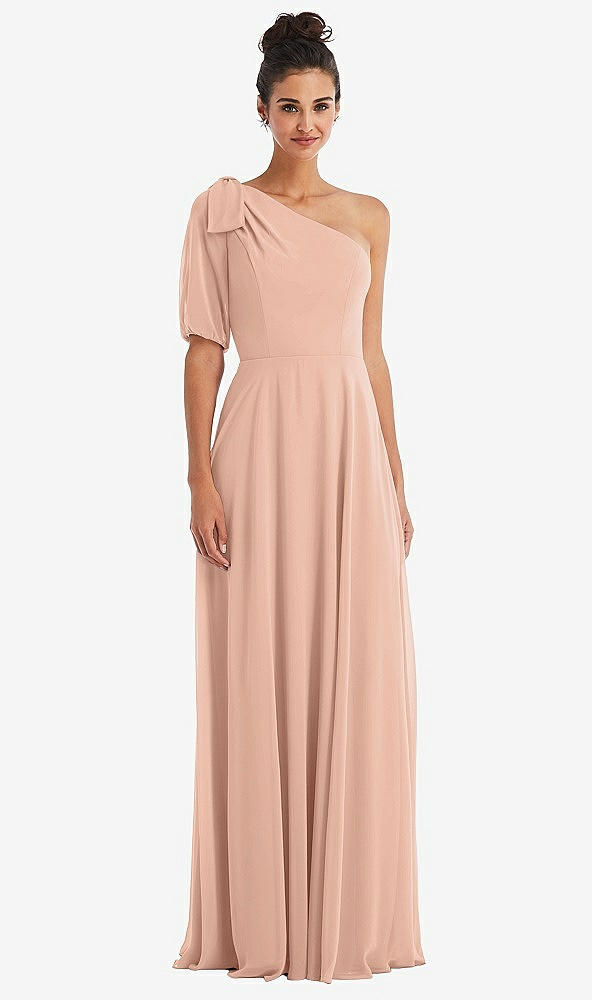 Front View - Pale Peach Bow One-Shoulder Flounce Sleeve Maxi Dress