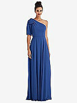 Front View Thumbnail - Classic Blue Bow One-Shoulder Flounce Sleeve Maxi Dress