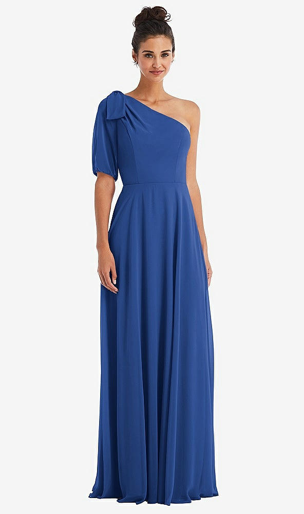 Front View - Classic Blue Bow One-Shoulder Flounce Sleeve Maxi Dress