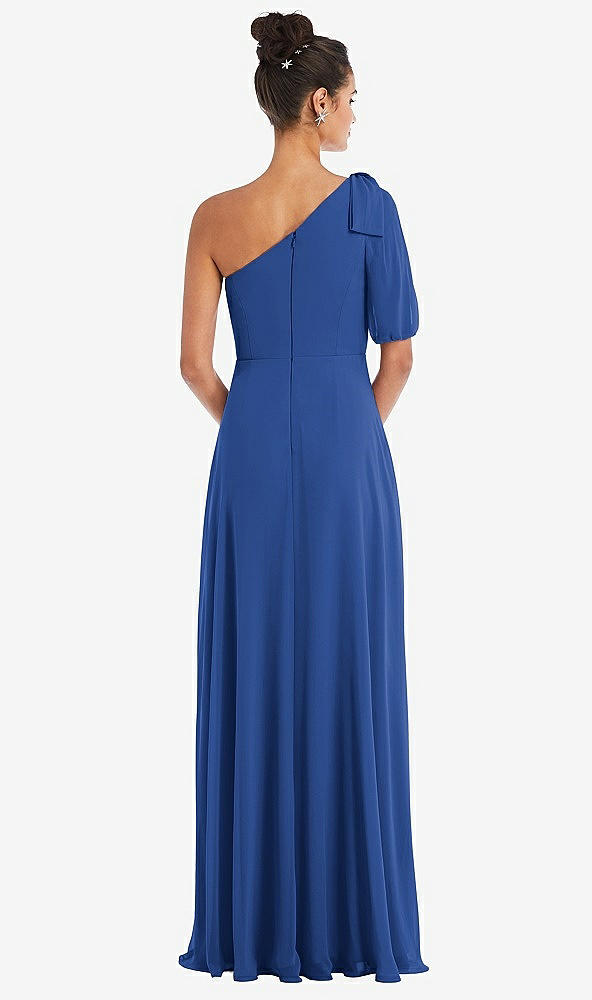 Back View - Classic Blue Bow One-Shoulder Flounce Sleeve Maxi Dress