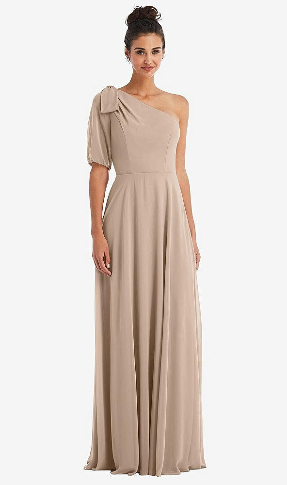 Front View - Topaz Bow One-Shoulder Flounce Sleeve Maxi Dress