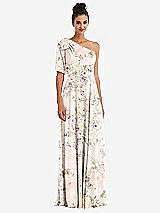 Front View Thumbnail - Blush Garden Bow One-Shoulder Flounce Sleeve Maxi Dress