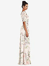 Side View Thumbnail - Blush Garden Bow One-Shoulder Flounce Sleeve Maxi Dress
