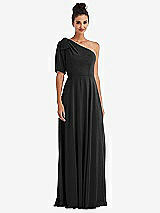 Front View Thumbnail - Black Bow One-Shoulder Flounce Sleeve Maxi Dress