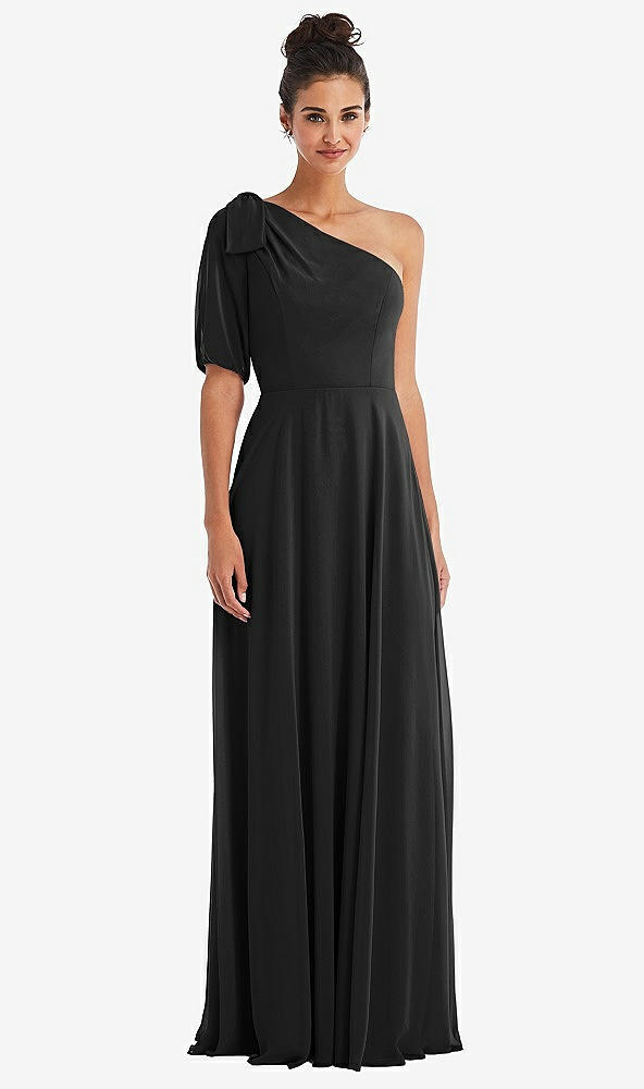 Front View - Black Bow One-Shoulder Flounce Sleeve Maxi Dress