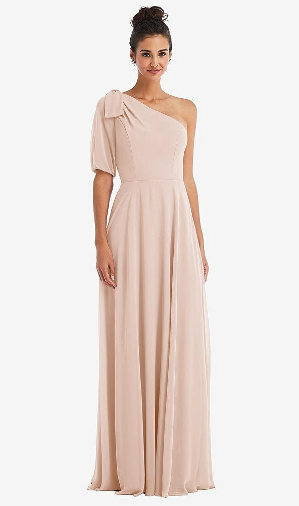 Front View - Cameo Bow One-Shoulder Flounce Sleeve Maxi Dress