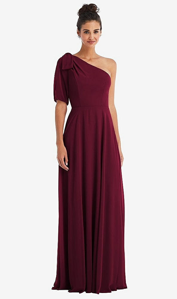 Front View - Cabernet Bow One-Shoulder Flounce Sleeve Maxi Dress