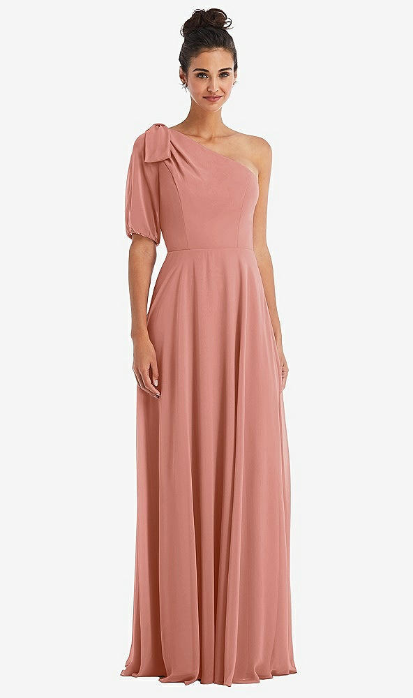 Front View - Desert Rose Bow One-Shoulder Flounce Sleeve Maxi Dress