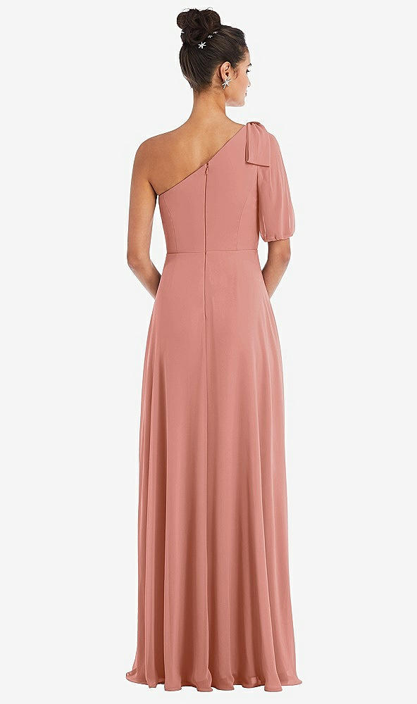 Back View - Desert Rose Bow One-Shoulder Flounce Sleeve Maxi Dress