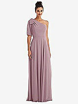Front View Thumbnail - Dusty Rose Bow One-Shoulder Flounce Sleeve Maxi Dress