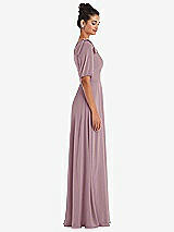 Side View Thumbnail - Dusty Rose Bow One-Shoulder Flounce Sleeve Maxi Dress