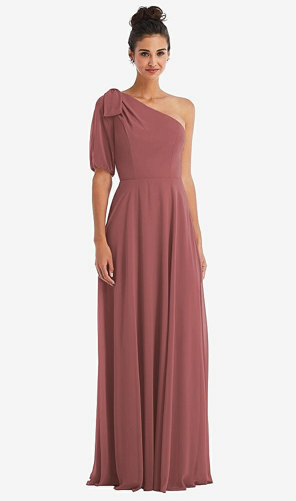 Front View - English Rose Bow One-Shoulder Flounce Sleeve Maxi Dress