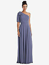 Front View Thumbnail - French Blue Bow One-Shoulder Flounce Sleeve Maxi Dress