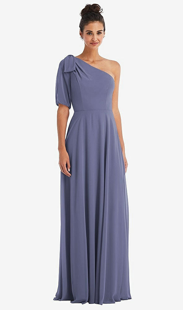 Front View - French Blue Bow One-Shoulder Flounce Sleeve Maxi Dress