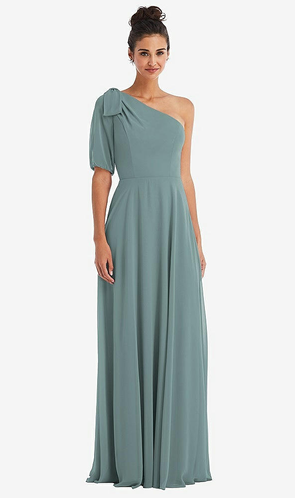 Front View - Icelandic Bow One-Shoulder Flounce Sleeve Maxi Dress