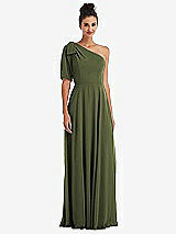 Front View Thumbnail - Olive Green Bow One-Shoulder Flounce Sleeve Maxi Dress